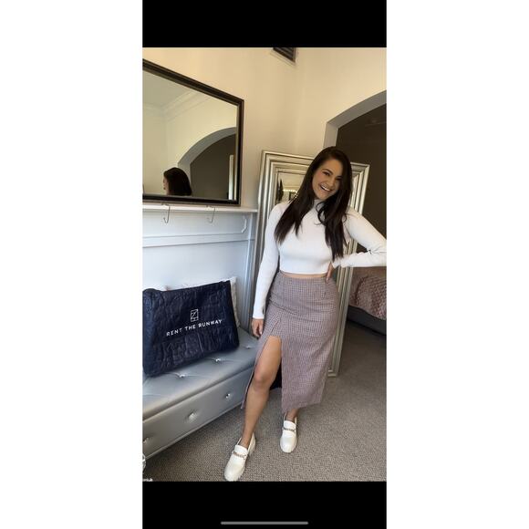 MAJE Jaisa Brown Plaid Wool Blend Front Back Slit Edgy Pencil Skirt Size US 8 - Picture 14 of 16